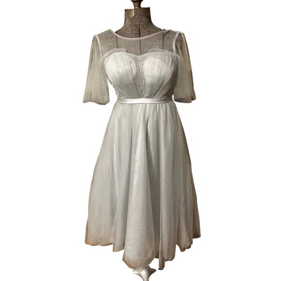 Vintage Inspired Light Gray Tulle Dress Corset Back Tea Length Bridal Prom M - Picture 1 of 13